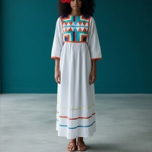 Vtg 70s Colorful Quilted Cotton Maxi Dress Joie Sing Boho Cottage Prairie As Is